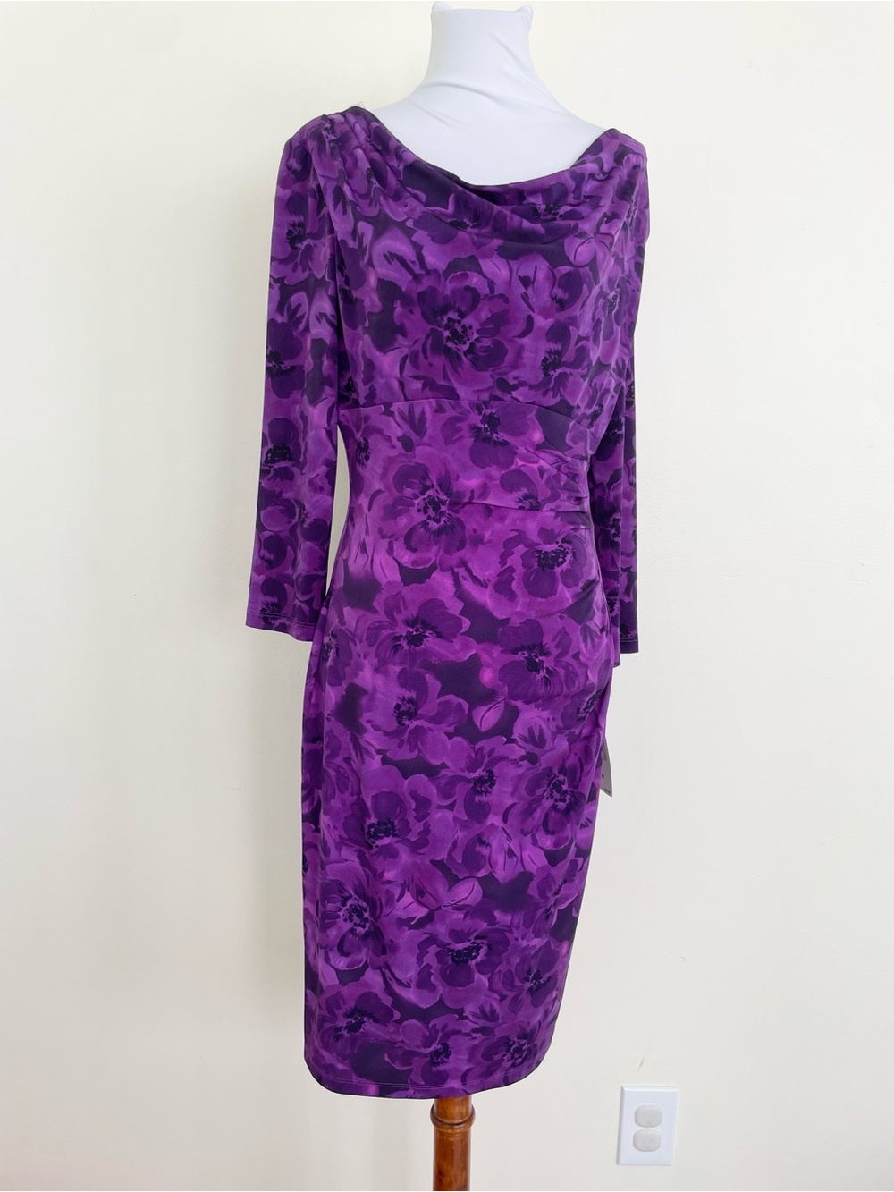 NWT Chaps Cowl Neck Side Ruched Floral Midi Dress in Purple Multi M Medium
